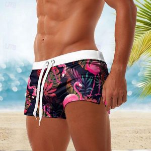 Swim Shorts with Flamingo Print, Elastic Waist, Breathable Comfort