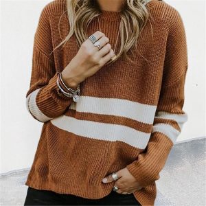 Crew Neck Patchwork Ribbed Knit Sweater Black & White Striped Look