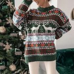 Ugly Christmas Sweater Animal & Snowflake Knit Design Brown & Green