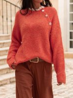Fuzzy Knit Oversized Sweater Pearl Orange & Beige Holiday Style - Image 9