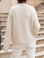 Fuzzy Knit Oversized Sweater Pearl Orange & Beige Holiday Style - Image 3